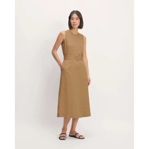 Everlane The Linen Belted Midi Dress 8 Tan Flax Minimalist Quiet Luxury Elegant - Picture 1 of 12